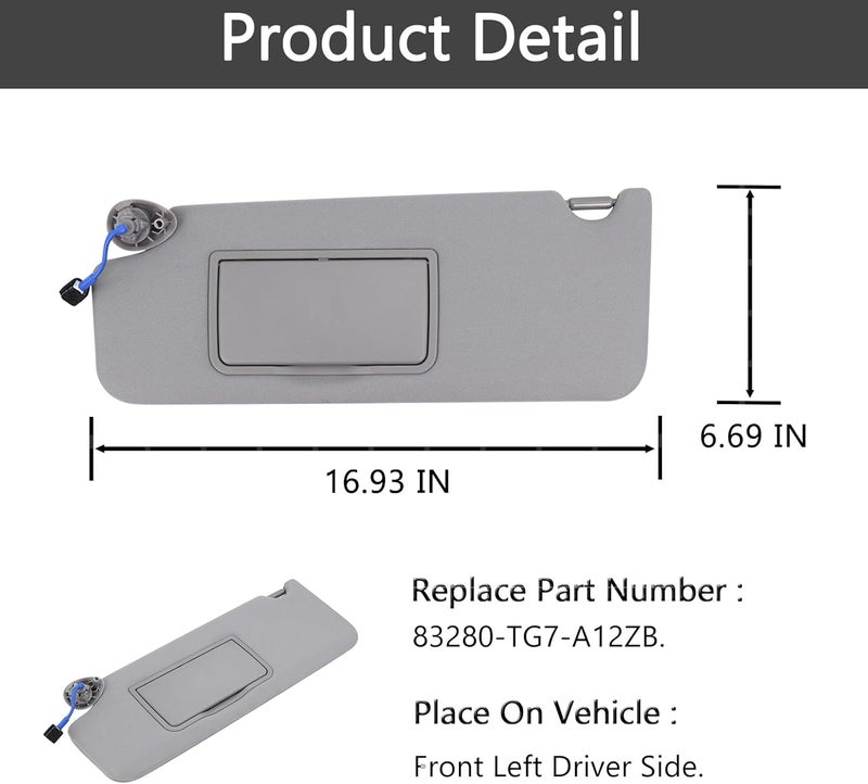 Xiaoyudou Left Drvier Side Sun Visor Fit for Honda Pilot 2017-2022, Honda Ridgeline 2018-2023 Replaces# 83280-TG7-A12ZB (Gray) - Image 2